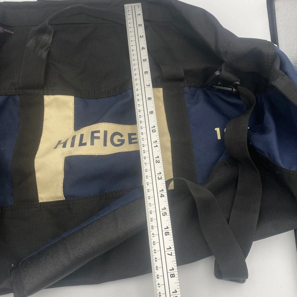 Tommy Hilfiger Duffle Bag Gym Travel Carry On Black Blue Logo 1985 Y2K Style EUC